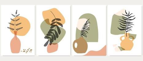 Set of abstract posters with plants, wazz, leaves, freeforms and spots. Simple natural still lifes. vector