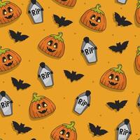 Bright funny halloween seamless pattern with pumpkin character, tomstones and bats on orange background vector