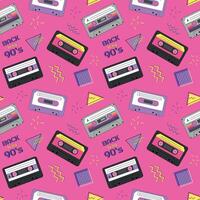 Bright seamless pattern in the style of the 90s with audio cassettes. illustration vector