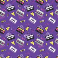 Bright seamless pattern in the style of the 90s with audio cassettes. illustration vector