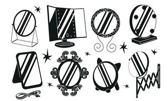 Set with various mirrors. Round and rectangular reflective surfaces. Modern or classic and decorative vintage frames. Framework with light bulbs. Interior furniture set on white background. vector