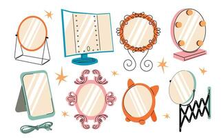 Set with various mirrors. Round and rectangular reflective surfaces. Modern or classic and decorative vintage frames. Framework with light bulbs. Interior furniture set on white background. vector