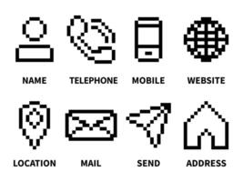 Contact us icon. Web icons set , name, address, globe, send, location, send, mail, mobile, telephone, website. Image pixel style. vector