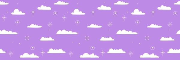 Seamless pattern with clouds and stars. Sky, stars, flat style. Hand drawn illustration. vector
