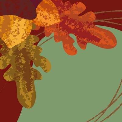 Multicolored autumn background with abstract textured oak leaves and bright acorns. Flat postcard template poster banner greeting card template thanksgiving invitation