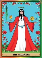 Tarot card magician. A magician with the power to transform everything in his life. The magician has all the tools useful to him. vector
