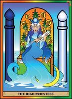 The tarot card is the high priestess. The priestess sits on a throne of fruit, commanding the elements of water and the power of the moon. The priestess holds a scroll of secret knowledge. vector