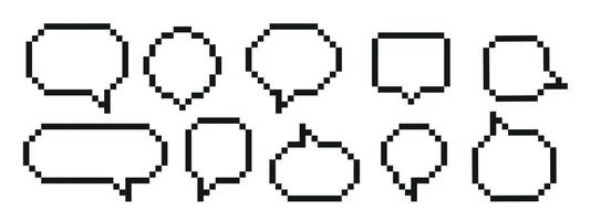 Pixel speech bubbles pack. Illustration in 8 bit pixel art style. Text boxes for chats and games. vector