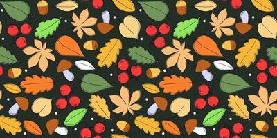 Seamless pattern with leaves, mushrooms, berries. Natural forest print. vector