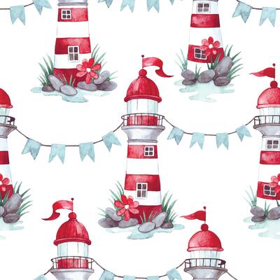 watercolor seamless pattern on a marine theme, with cute lighthouses. print for children.