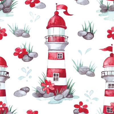watercolor seamless pattern on a marine theme, with cute lighthouses. print for children.