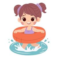 Cute cartoon little girl with a floating ring in a yellow swimsuit playing in the water on a white background, isolated. Print for tshirt for kids. Concept illustration vector