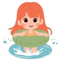 Cute cartoon little girl with a floating ring in a yellow swimsuit playing in the water on a white background, isolated. Print for tshirt for kids. Concept illustration vector