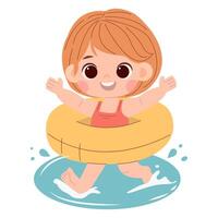 Cute cartoon little girl with a floating ring in a red swimsuit playing in the water on a white background, isolated. Print for tshirt for kids. Concept illustration vector