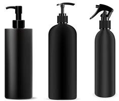 Bottle Black Spray. Cosmetic Dispenser Mockup Plastic Container. Realistic Clear Packaging for Lotion, Foam, Soap. Sprayer Jar with Trigger 3d Design. Isolated Object. Beauty Tube Template. vector