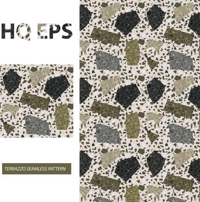 Terrazzo Seamless Pattern. Camouflage Green Flat texture. Granite Tile Rock Abstract Textile Print. Home Kitchen Flooring Mosaic. Colorful Italian Wallpaper Limestone Sample. Pebble Repeat Fill