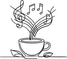 Continuous one line drawing of a cup coffee with music notes. A cup of coffee line art illustration, food and beverage concept. Editable stroke vector
