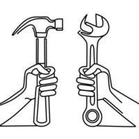 Continuous one line drawing of hammer and wrench. Wrench and hammer outline illustration. Editable stroke. Labor Day thematic illustration. vector