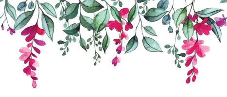 watercolor seamless border with pink wisteria flowers and leaves. elegant frame vector