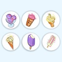 Ice cream round stickers icons emblems set. Different types of ice cream hand drawn design. Delicious frozen dessert. illustration. Delicious menu collection vector