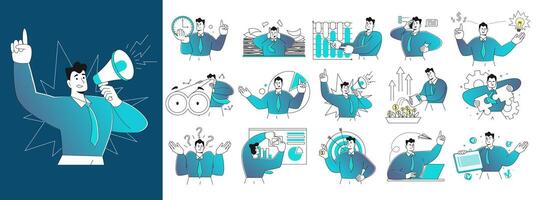 Collection of scenes with businessman project manager in flat modern style. male office worker takes part in various business activities. illustrations for the design applications, websites vector