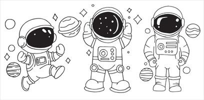 illustration of a set of funny astronauts in doodle style. line drawing for children, space and planets vector