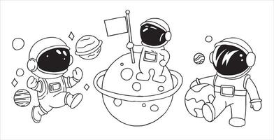 illustration of a set of funny astronauts in doodle style. line drawing for children, space and planets vector