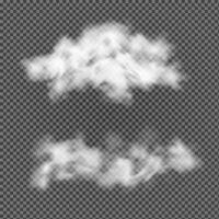 White Cloud Set. Realistic Cloudy Effect. Fluffy and Cumulus Smoke Collection. Beautiful Fog Object. Outdoor Texture Isolated. Peace Spring or Summer Atmosphere. vector