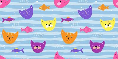 Seamless pattern with cute faces of cats with different emotions against the background of waves with fish. Children's print. vector