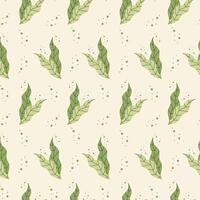 Seamless pattern of minimalistic green leaves. A repeating abstract background with hand-drawn leaves. Print for wrapping paper, textiles, wallpaper, textures. vector