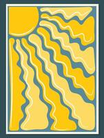 Groovy retro abstract sun background. Organic doodles in trendy naive hippie style. Modern template for poster printing. Vertical illustration. vector