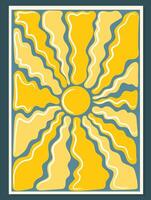 Groovy retro abstract sun background. Organic doodles in trendy naive hippie style. Modern template for poster printing. Vertical illustration. vector