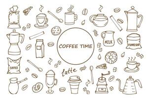 Set of hand drawn coffee sketches in brown color. Drawings of drinks, cups, snacks and coffeeware. Monochrome illustration for cards, menus and decorations. vector