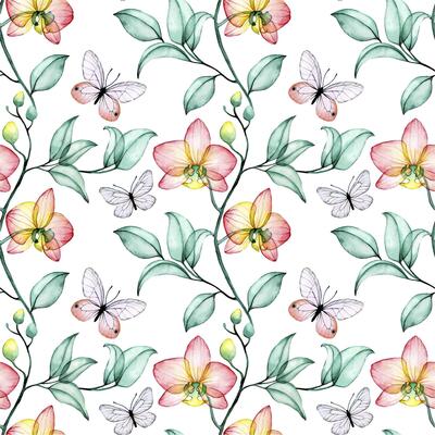 watercolor seamless pattern with transparent orchid flowers and butterflies. tropical print, x-ray