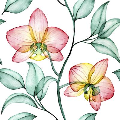 watercolor seamless pattern with transparent orchid flowers. tropical print, x-ray