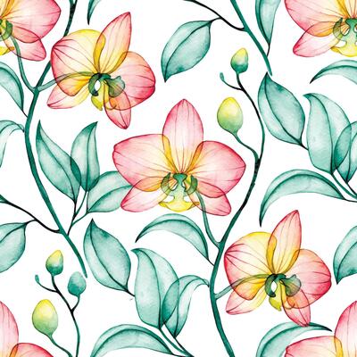 watercolor seamless pattern with transparent orchid flowers. tropical print, x-ray