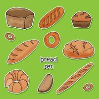a set of colored stickers of bread and buns on a green background, drawn in a cartoon style. vector