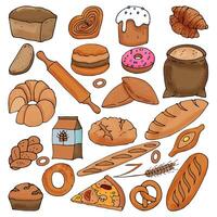 illustration of a set of bread, buns and pies in cartoon style on a white background. vector