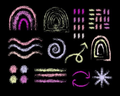 Crayon doodle scribble,wax crayons elements and shapes collection.Hand drawn chalk drawings,arrows,rainbow and other shapes. Children hand drawn sketch kit kid. illustration