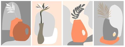 A set of abstract posters with silhouettes of vases, leaves, plants. Minimalistic simple shapes for design. vector