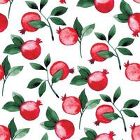 watercolor seamless pattern with pomegranates. print with ripe fruits and leaves vector
