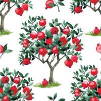 watercolor seamless pattern with pomegranate trees. print with ripe fruits and leaves vector