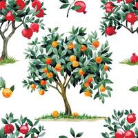 watercolor seamless pattern with fruit trees. print with ripe fruits of pomegranates, tangerines and oranges vector