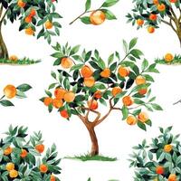 watercolor seamless pattern with fruit trees. print with ripe fruits of peaches, apricots and oranges vector