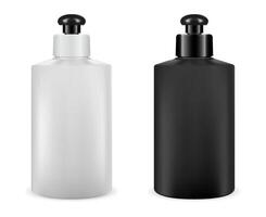 Shampoo Cosmetic Package. Plastic Container Blank. Black and White Bottle Packaging isolated on Background. Realistic Template Mockup Set. Clear Bath Foam or Soap Pack. Gel Container. vector