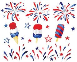 set of fireworks and elements for American Independence Day. watercolor drawing vector