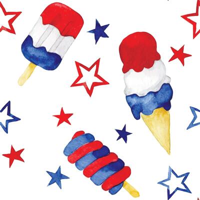 seamless pattern for american independence day. ice cream and stars, fireworks. watercolor drawing