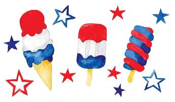 set of ice creams and stars and elements for American Independence Day. watercolor drawing vector
