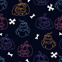 Seamless pattern with crazy pumpkins and bones. Continuous one line drawing illustration vector