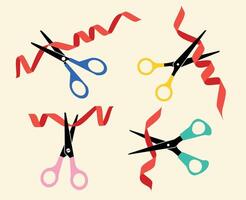 Scissors cutting the red ribbon. Set includes colorful scissors. Ribbon cutting ceremony icon. Flat design style. vector